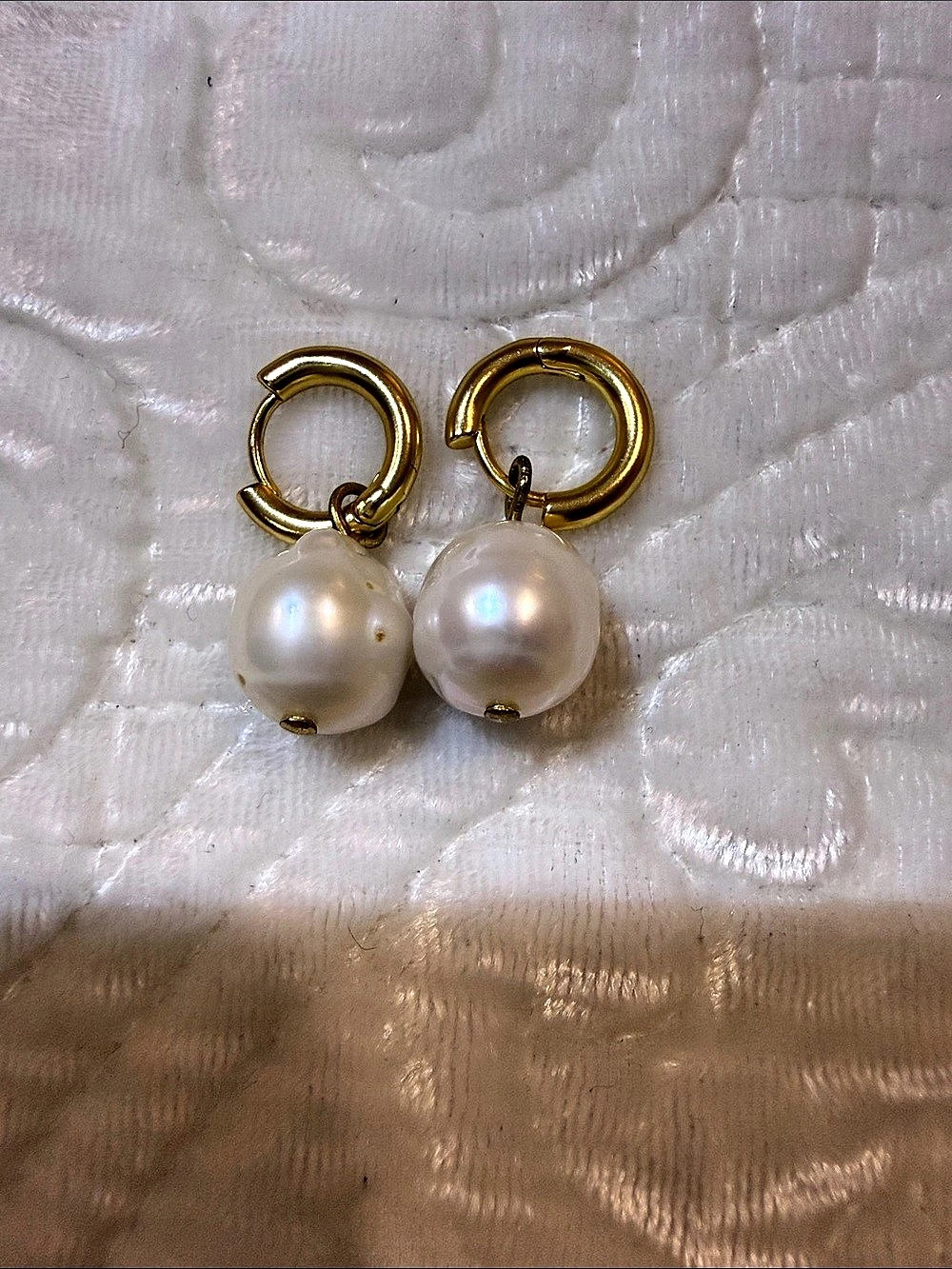 Pearl Drop Hoop Earrings in Gold & White